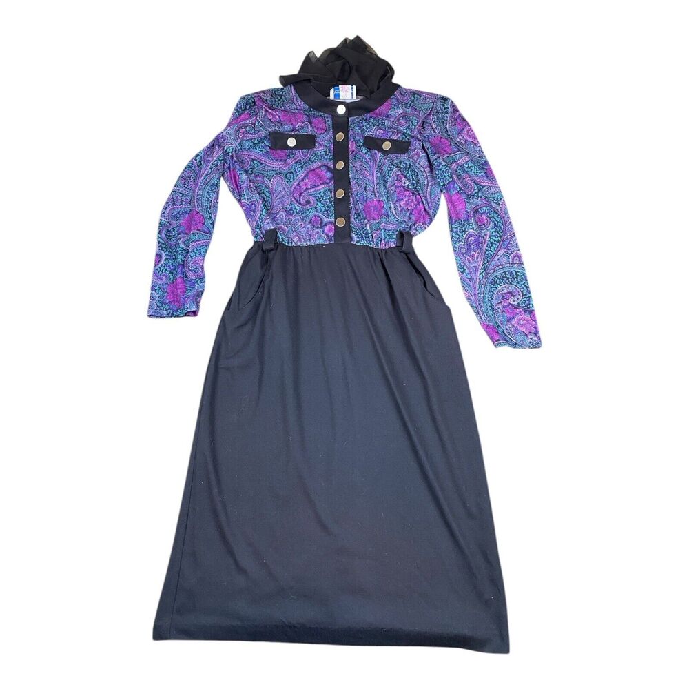 Vtg 90's Purple Paisley Floral Midi Dress Size 12 S/MED Retro Bold Buttons USA - Picture 1 of 11